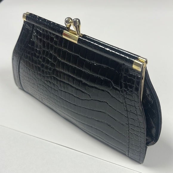 Croc Embossed Black Leather Kiss-lock Clutch Case - Picture 1 of 7